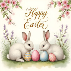 Adorable rabbits and colorful eggs in spring scenery