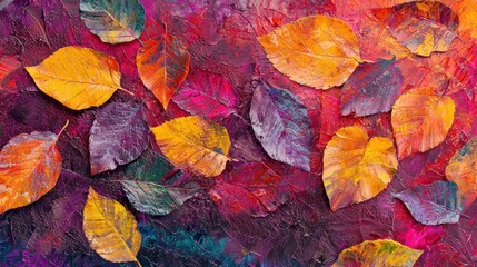 Autumn leaves in various shades of yellow and orange are artistically scattered over a vibrant, textured background. This arrangement highlights the colors and textures of fall
