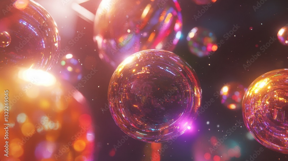 Poster bubbles of various sizes float gracefully, reflecting vibrant colors and light in a joyful setting. 