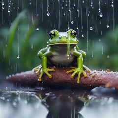 Frog enjoying the rain on a branch
