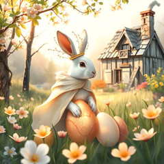 Enchanting rabbit king with eggs and flowers