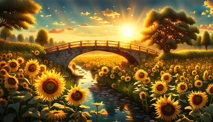 Sunlit bridge over field of vibrant sunflowers