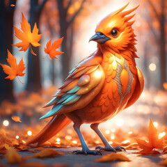 Vibrant autumn bird among falling orange leaves