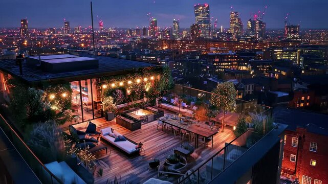 Nighttime aerial view of a rooftop area in Shoreditch showcasing city lights and modern furnishings, Aerial rooftop view at night A10 Shoreditch London