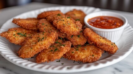 Fototapeta premium Breaded chicken nuggets with marinara sauce and parsley topping on white plate