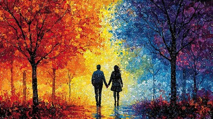 Fototapeta premium Couple Walking Through Colorful Autumn Forest, Hand in Hand