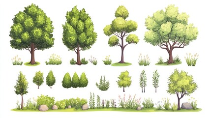 Fototapeta premium Collection of cartoon trees, shrubs, and plants.
