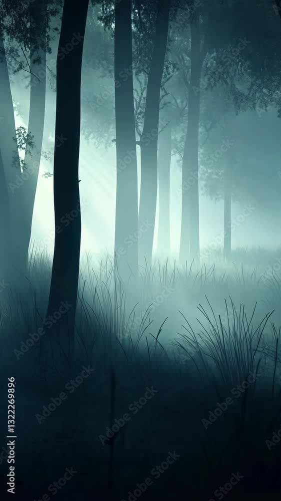 Poster mystical forest landscape shrouded in fog with soft light filtering through trees