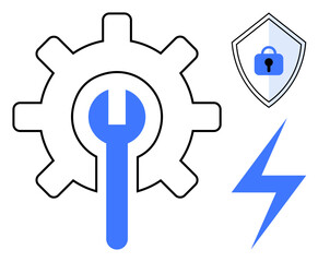 Gear and wrench symbol for maintenance, shield with lock for security, and lightning bolt for energy. Ideal for technology, security, troubleshooting, maintenance, engineering, power digital