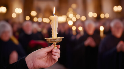 Good friday procession with candlelight focus - close up of hand holding candle