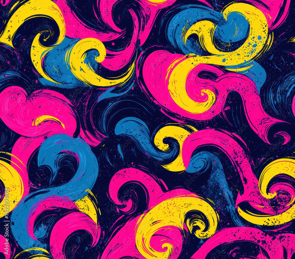 Poster bold fuchsia, cobalt blue, and lime yellow swirls create vibrant pattern, seamless pattern style.