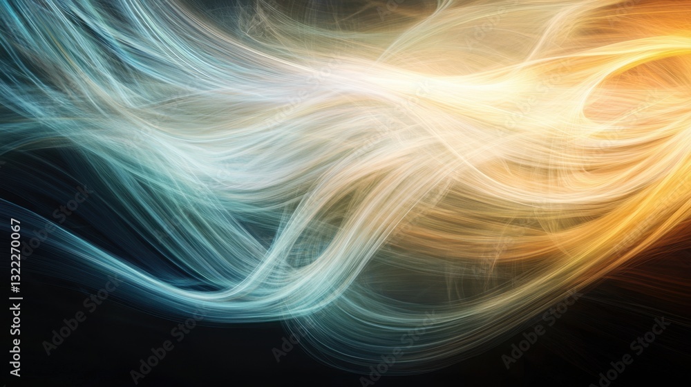 Poster flowing colors of blue, white, and orange create an abstract pattern, resembling soft waves of light
