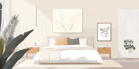 A modern bedroom interior with minimalistic and decorative elements