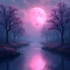 Moonlit river with pink trees and reflection