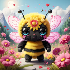 Cute cartoon bee in colorful flower field