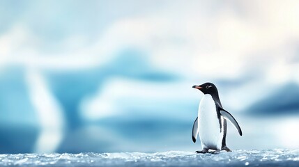 Obraz premium A monochrome penguin atop icy terrain, framed by azure skies with scattered cloud formations