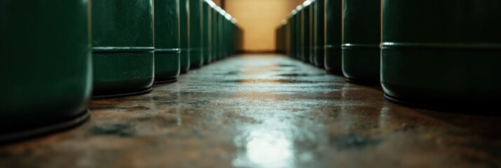 A powerful perspective of green storage drums arranged in an industrial setting, showcasing the essence of manufacturing and the organized chaos of commercial environments.