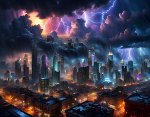Stormy night illuminates the vibrant city skyline