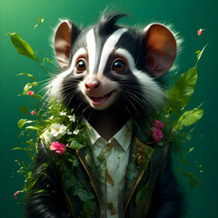 Charming skunk character adorned with vibrant blossoms