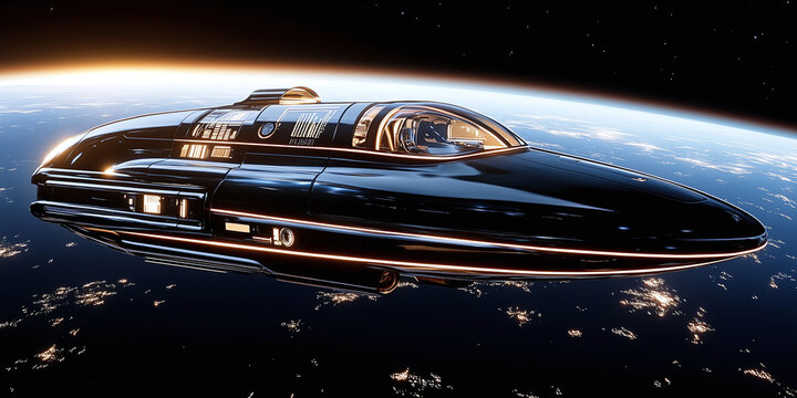 A glossy black spaceship with a luxury design orbits Earth, reflecting the glow of the planet's atmosphere and high-tech interface.  