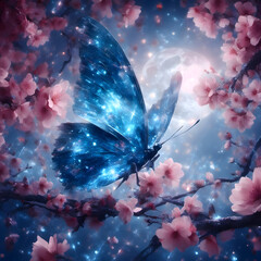 Celestial butterfly amidst blooming cherry blossoms at night