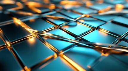 A futuristic metallic grid with sharp foil ribbons threaded through