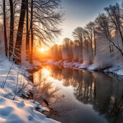 Winter sunrise by the serene riverside landscape