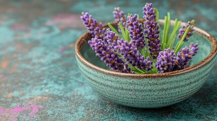 Fototapeta premium Lavender blooms in a teal bowl, against a mottled background