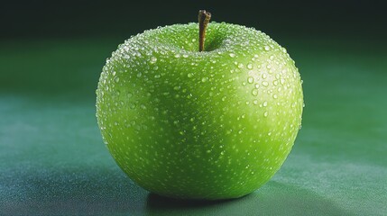 A crisp, juicy green apple, its skin glistening with dew, sits isolated against a vibrant backdrop of pure green, its perfection emphasized by the clean absence of distractions, a testament to its