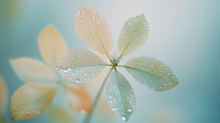 Fototapeta premium Dew-kissed leaves with delicate textures glistening against a soft morning backdrop, symbolizing freshness and renewal.