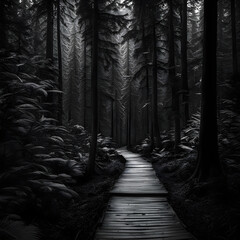 Tranquil path through dark and mysterious forest