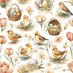 Spring birds and eggs among blooming flowers