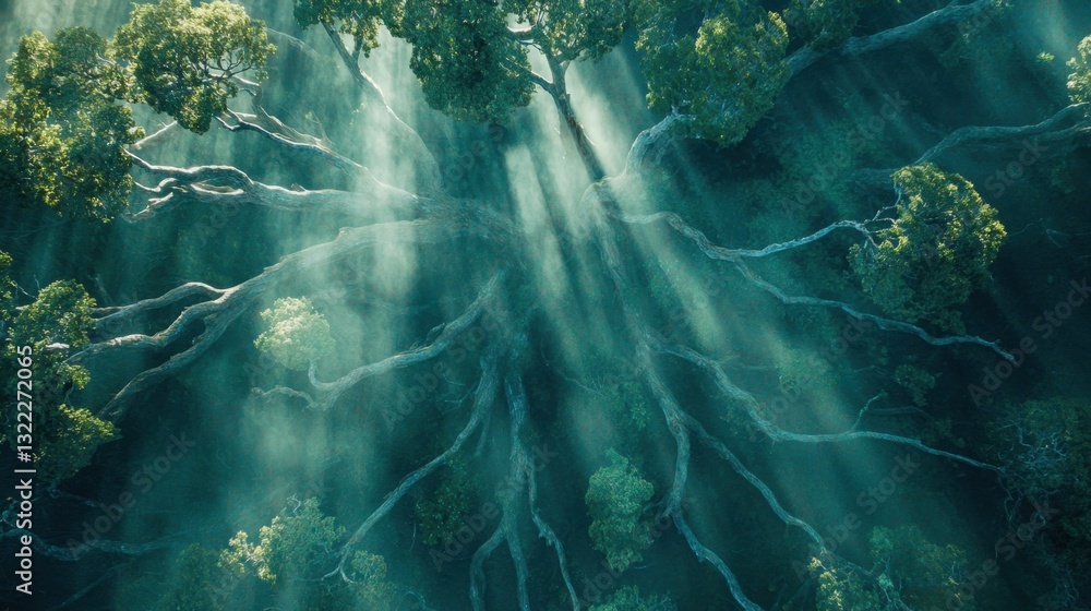 Poster Sunlight streams through the branches of towering trees, creating a tranquil atmosphere in a dense forest. The roots spread wide, intertwining in the lush greenery below