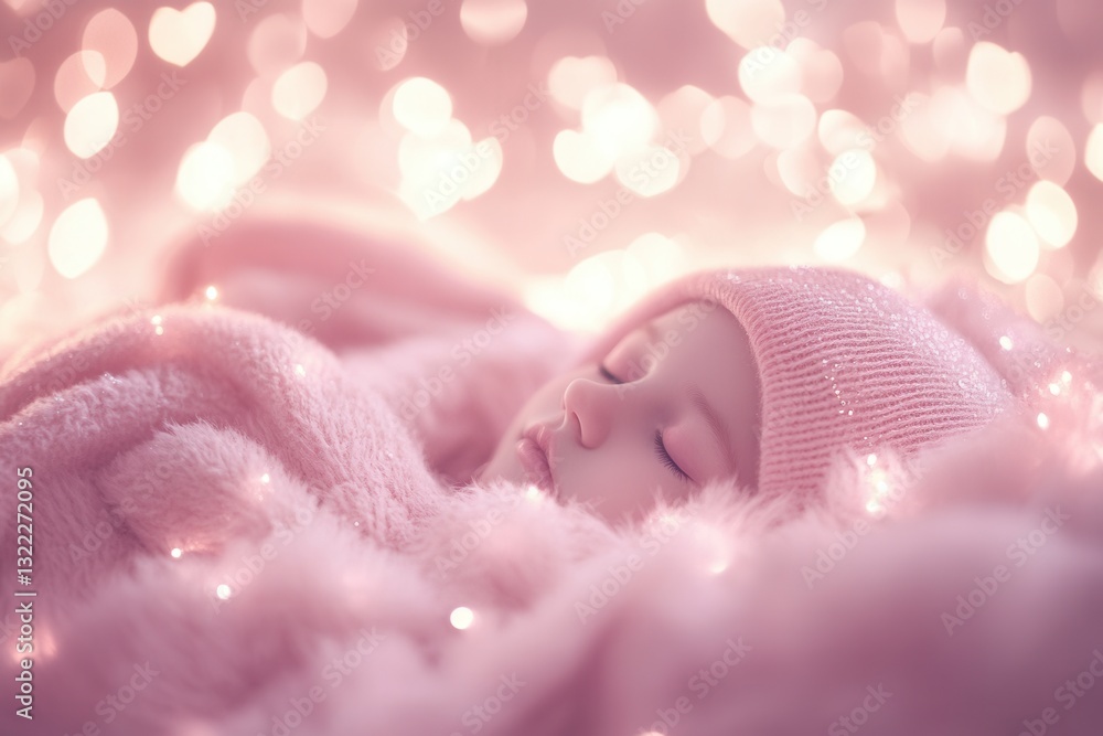 Poster soft pink hues and delicate heart-shaped clouds create a dreamy atmosphere for sleeping baby surroun