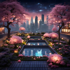Scenic rooftop garden with cherry blossoms at sunset