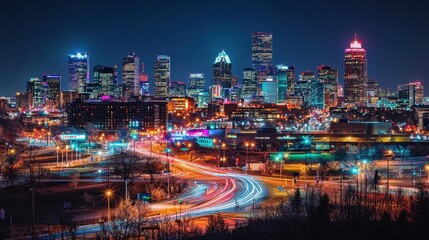 Obraz premium The view captures a bustling city skyline at night, filled with colorful lights and tall buildings, highlighting a lively atmosphere and dynamic traffic flow on the roads below