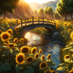 Sunlit bridge over serene sunflower stream