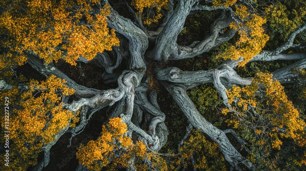 Poster an aerial view reveals a complex network of tree branches winding through a forest, adorned with bri
