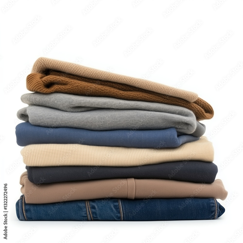 Poster stack of neatly folded sweaters and jeans in neutral and muted colors organized in a tidy manner