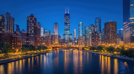 Obraz premium The city of Chicago showcases its stunning skyline at night with twinkling lights reflecting on the peaceful river. Skyscrapers stand majestically under the dark sky