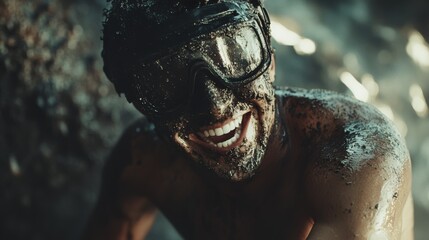 A man with a joyful expression, covered in mud, smiles gleefully amidst a rugged, adventurous backdrop, embodying wild freedom.