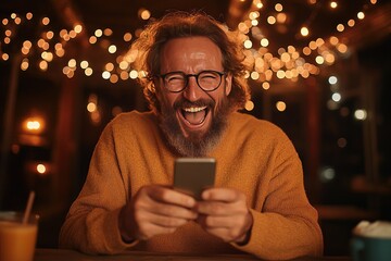 Joyful Bearded Man in Cozy Setting Laughing While Using Smartphone