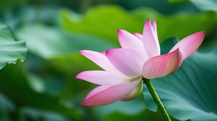 Obraz premium a pink lotus flower surrounded by green leaves in the background and blurry foreground foliage
