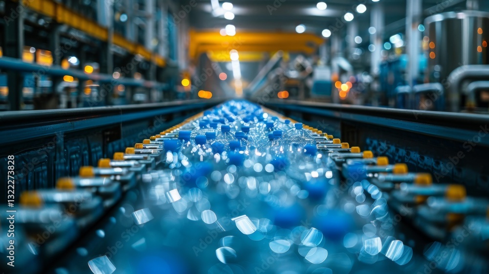 Poster bottles of water travel along a conveyor belt in a busy factory at night with automated machinery an