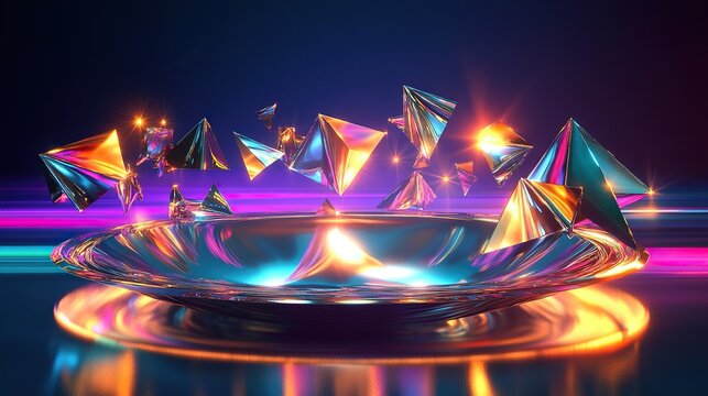 A giant reflective metallic plate being pierced by glowing triangular foil fragments