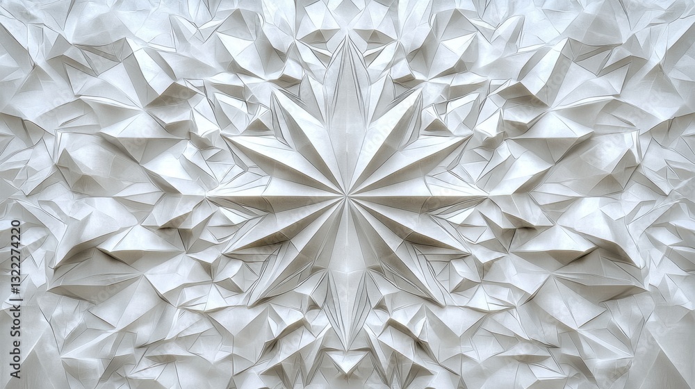 Poster this artwork features a complex origami composition with layered white paper folded into an elaborat