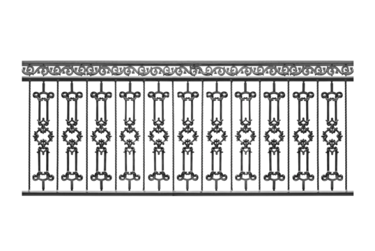 Wrought iron balcony facade.  B.