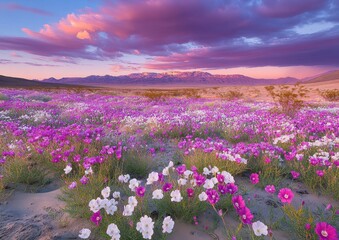 Obraz premium Vibrant Wildflower Landscape at Sunset with Pink and White Blossoms Under Dramatic Sky over Mountain Range in Desert Valley