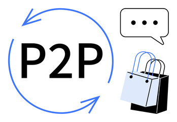 P2P text inside blue circular arrows, shopping bags, and chat bubble with ellipsis. Ideal for peer-to-peer services, e-commerce, communication, networking, online transactions, digital marketing