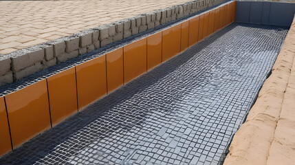 Fototapeta premium Processing the foundation of the building with a special solution. Treatment of the facade of the building with a protective solution. Water repellant for concrete, brick.